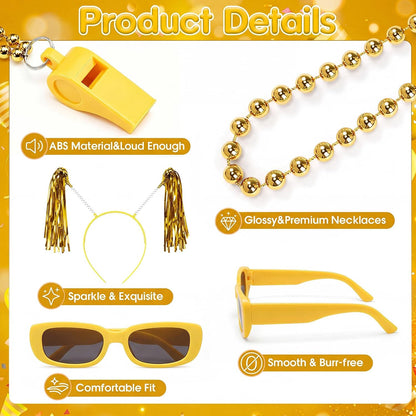 48 Pcs Yellow Team Spirit Party Accessories Holiday Cheerleading Pom Pom Party Headbands Beaded Whistle Necklaces Sunglasses for Tailgates Football Baseball Sports Events