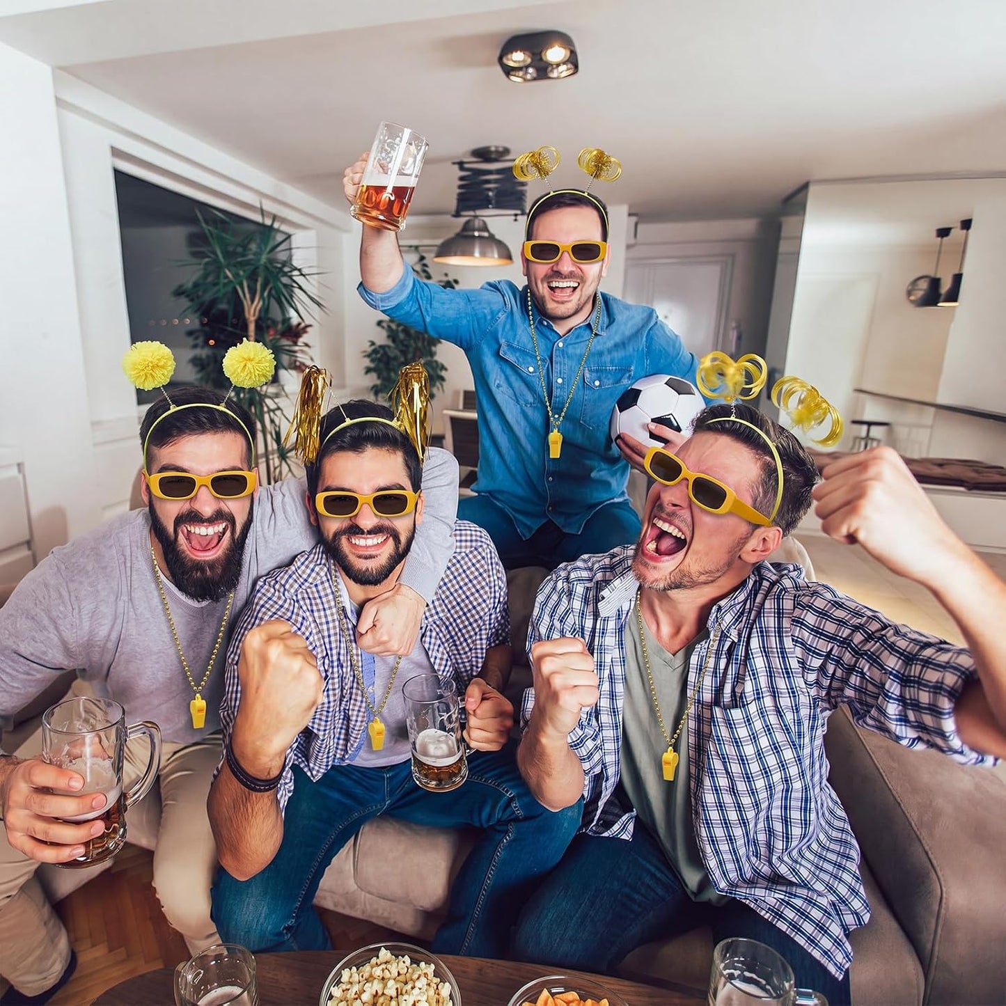 48 Pcs Yellow Team Spirit Party Accessories Holiday Cheerleading Pom Pom Party Headbands Beaded Whistle Necklaces Sunglasses for Tailgates Football Baseball Sports Events