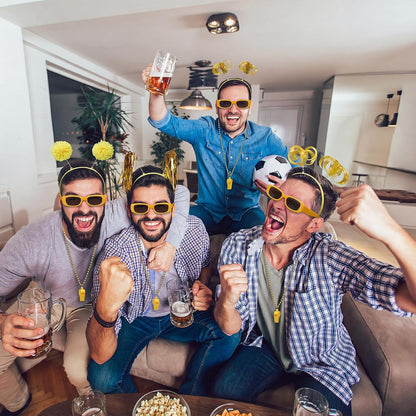 48 Pcs Yellow Team Spirit Party Accessories Holiday Cheerleading Pom Pom Party Headbands Beaded Whistle Necklaces Sunglasses for Tailgates Football Baseball Sports Events