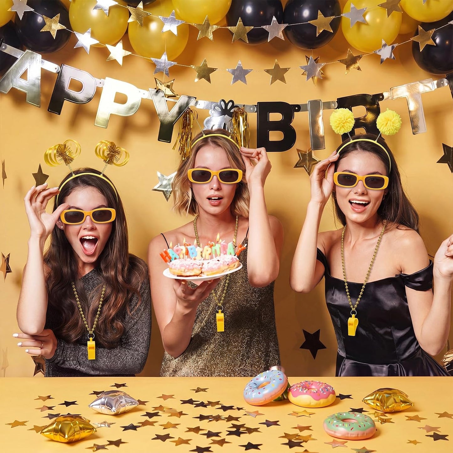 48 Pcs Yellow Team Spirit Party Accessories Holiday Cheerleading Pom Pom Party Headbands Beaded Whistle Necklaces Sunglasses for Tailgates Football Baseball Sports Events