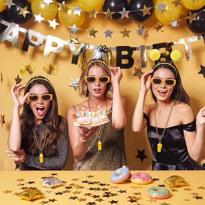 48 Pcs Yellow Team Spirit Party Accessories Holiday Cheerleading Pom Pom Party Headbands Beaded Whistle Necklaces Sunglasses for Tailgates Football Baseball Sports Events