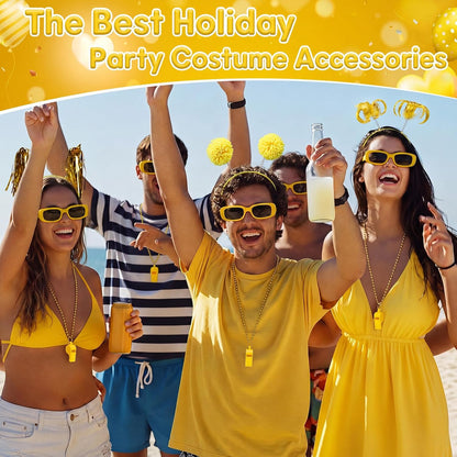 48 Pcs Yellow Team Spirit Party Accessories Holiday Cheerleading Pom Pom Party Headbands Beaded Whistle Necklaces Sunglasses for Tailgates Football Baseball Sports Events