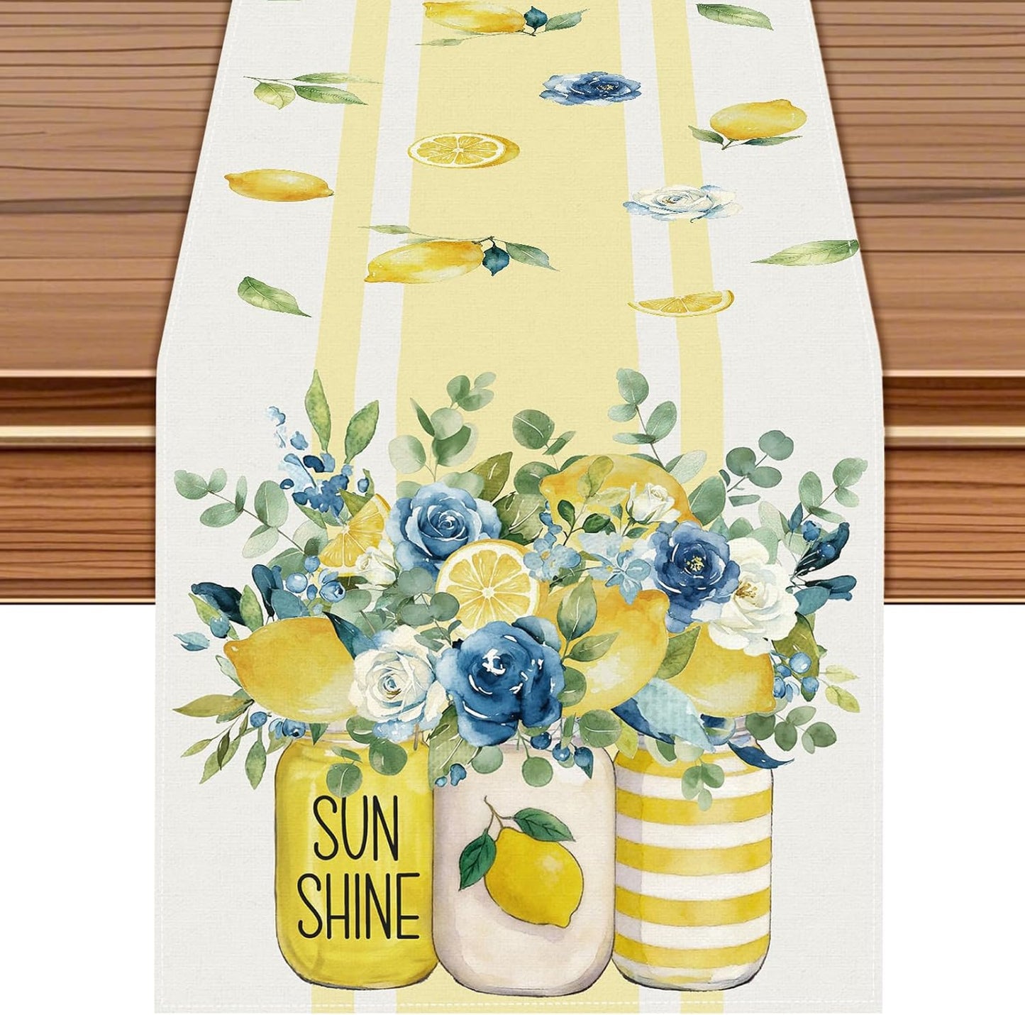 Lemon Floral Table Runner, Yellow and Blue, 72 x 13 Inch | Summer Sunshine Mason Jar Design