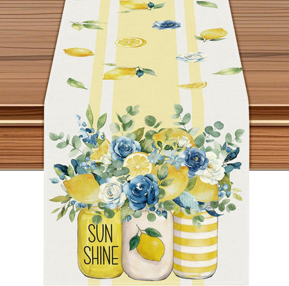 Lemon Floral Table Runner, Yellow and Blue, 72 x 13 Inch | Summer Sunshine Mason Jar Design