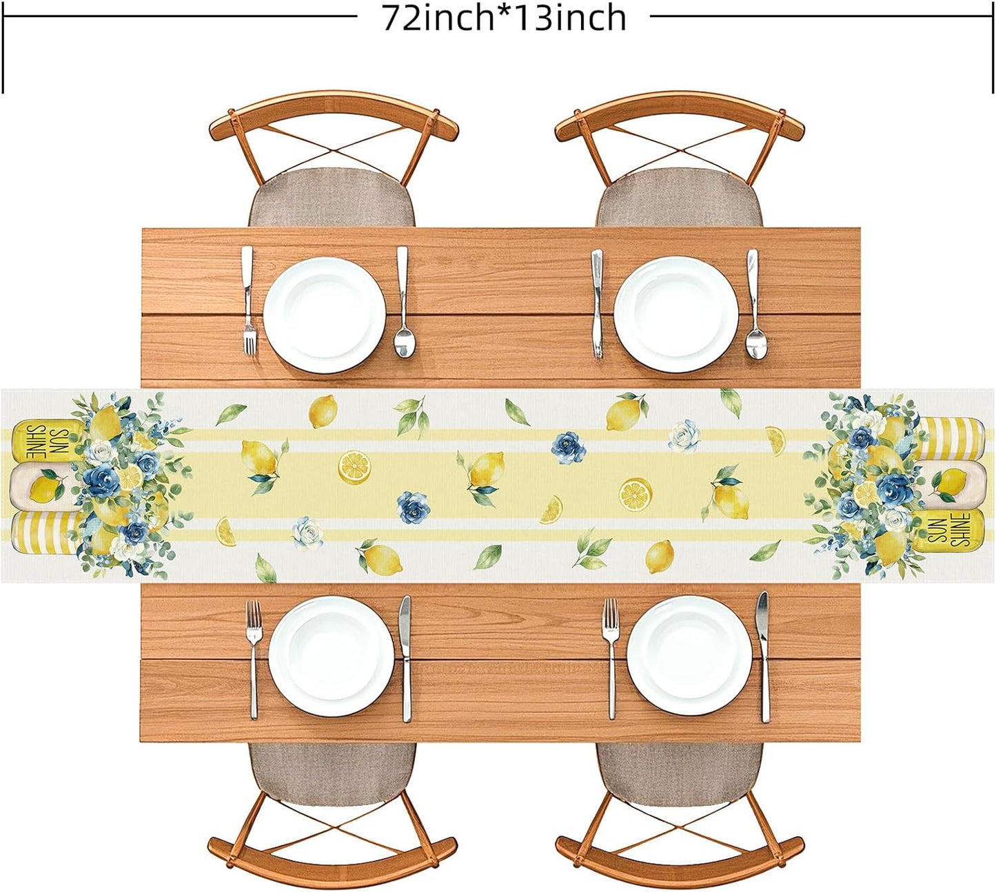 Lemon Floral Table Runner, Yellow and Blue, 72 x 13 Inch | Summer Sunshine Mason Jar Design