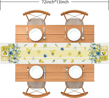 Lemon Floral Table Runner, Yellow and Blue, 72 x 13 Inch | Summer Sunshine Mason Jar Design