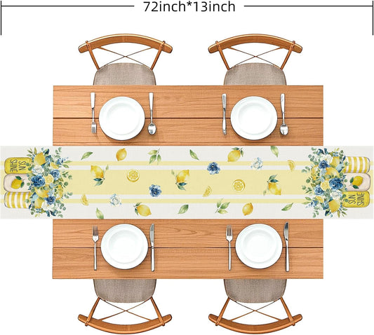 Lemon Floral Table Runner, Yellow and Blue, 72 x 13 Inch | Summer Sunshine Mason Jar Design