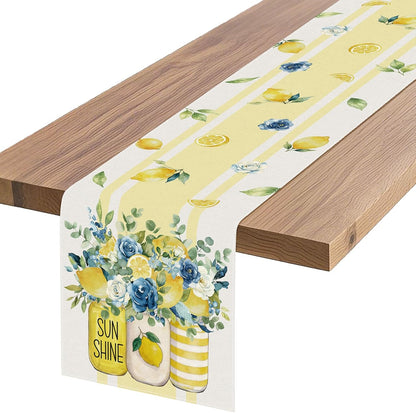 Lemon Floral Table Runner, Yellow and Blue, 72 x 13 Inch | Summer Sunshine Mason Jar Design