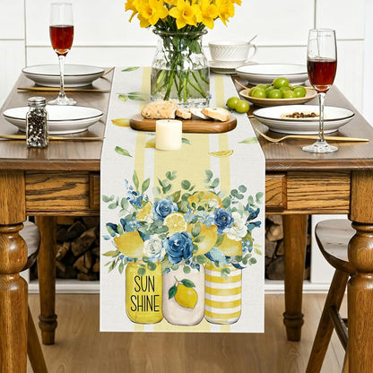 Lemon Floral Table Runner, Yellow and Blue, 72 x 13 Inch | Summer Sunshine Mason Jar Design