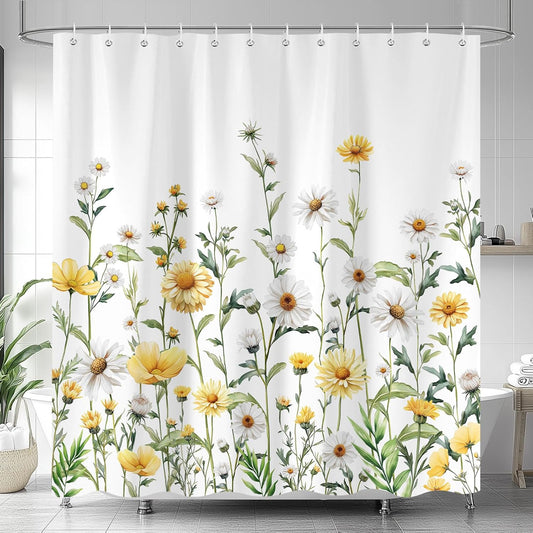 Yellow Floral Shower Curtain,Boho Retro Watercolor Blooming Daisy Botanical Bathroom for Shower Curtains, Natural Green Wildflower Decorative Shower Curtain Set Waterproof Fabric 12 Hooks 72X72IN