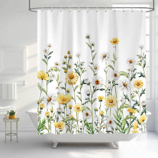 Yellow Floral Shower Curtain,Boho Retro Watercolor Blooming Daisy Botanical Bathroom for Shower Curtains, Natural Green Wildflower Decorative Shower Curtain Set Waterproof Fabric 12 Hooks 72X72IN