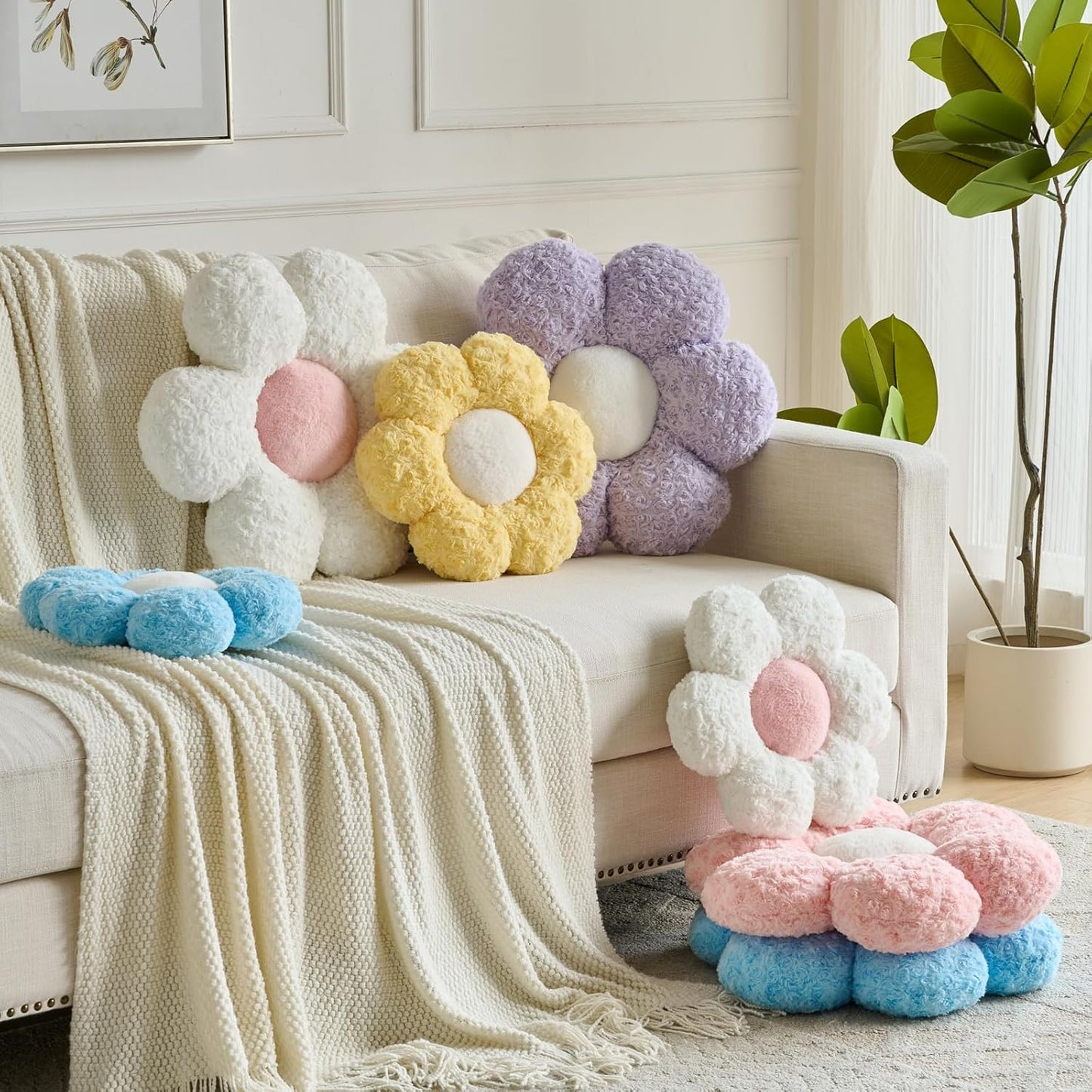 Flower Pillows, Decorative Throw Pillow with Soft Plush for Couch, Flower Shaped Pillow Home Decor Daisy Pillow for Bed (Yellow, 19.6 Inches)