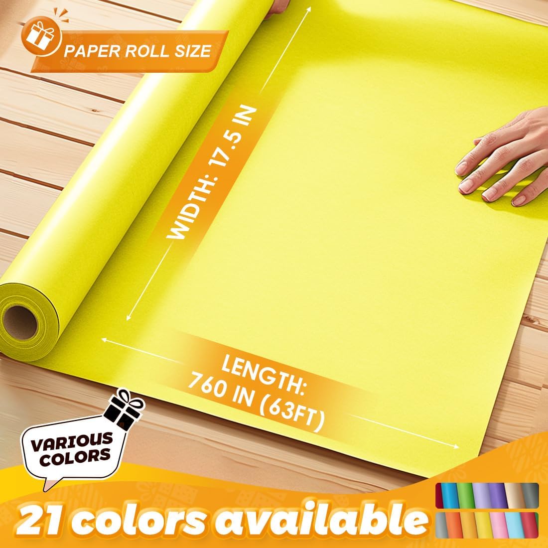 Lemon Yellow Kraft Paper Roll 17.5" x 760" (63') for Gift Wrapping Bouquet Flower Art Painting Craft Writing Packaging Shipping 80GSM 55LB (Lemon Yellow, 17.5" x 63')