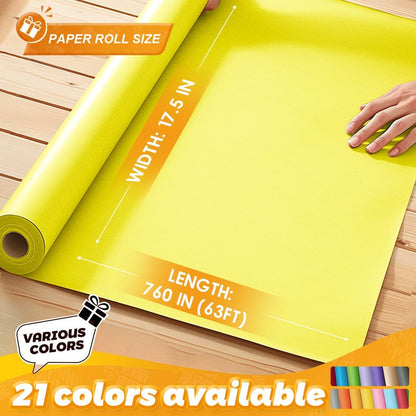 Lemon Yellow Kraft Paper Roll 17.5" x 760" (63') for Gift Wrapping Bouquet Flower Art Painting Craft Writing Packaging Shipping 80GSM 55LB (Lemon Yellow, 17.5" x 63')