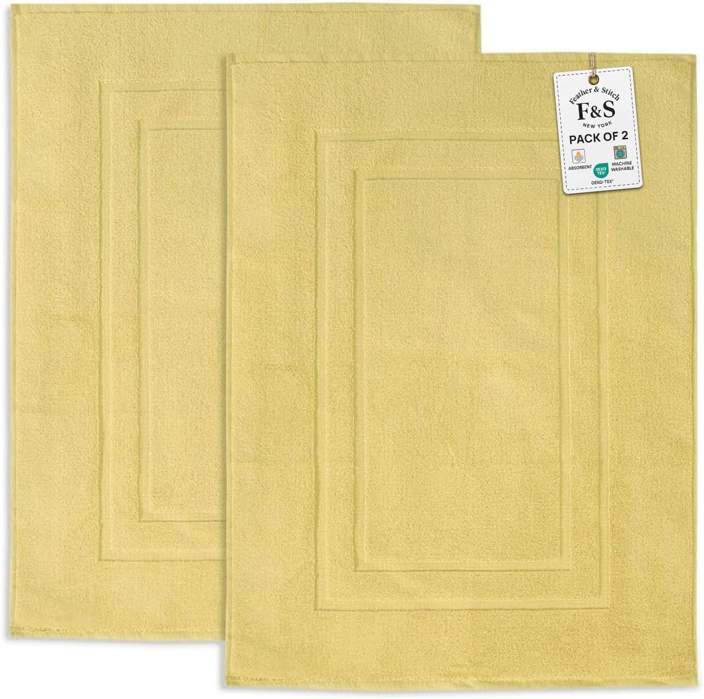 Feather & Stitch 2 Piece Towel Like Bath Mats (30x21 Inch) 100% Cotton Terry Bath Mats, Bathroom Shower Floor Mats [NOT A Bathroom Rug], Soft Absorbent Washable Mats - Yellow