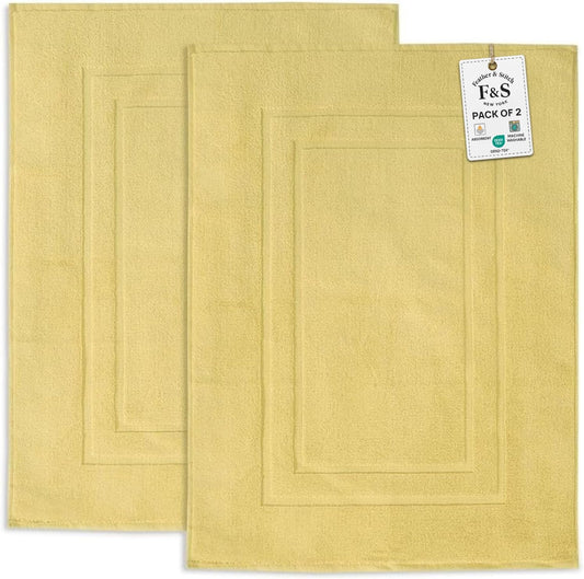 Feather & Stitch 2 Piece Towel Like Bath Mats (30x21 Inch) 100% Cotton Terry Bath Mats, Bathroom Shower Floor Mats [NOT A Bathroom Rug], Soft Absorbent Washable Mats - Yellow