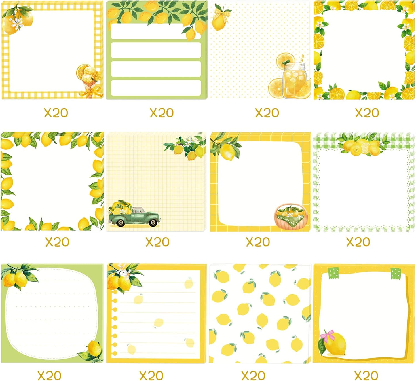 12 Pads Lemon Sticky Notes Set 240 Sheets Yellow Lemon Slice Themed Self Adhesive Memo Pads Fresh Fruit Design Sticky Notepads for Coworkers Gift Office Meeting Note Taking School Classroom, 3x3 Inch
