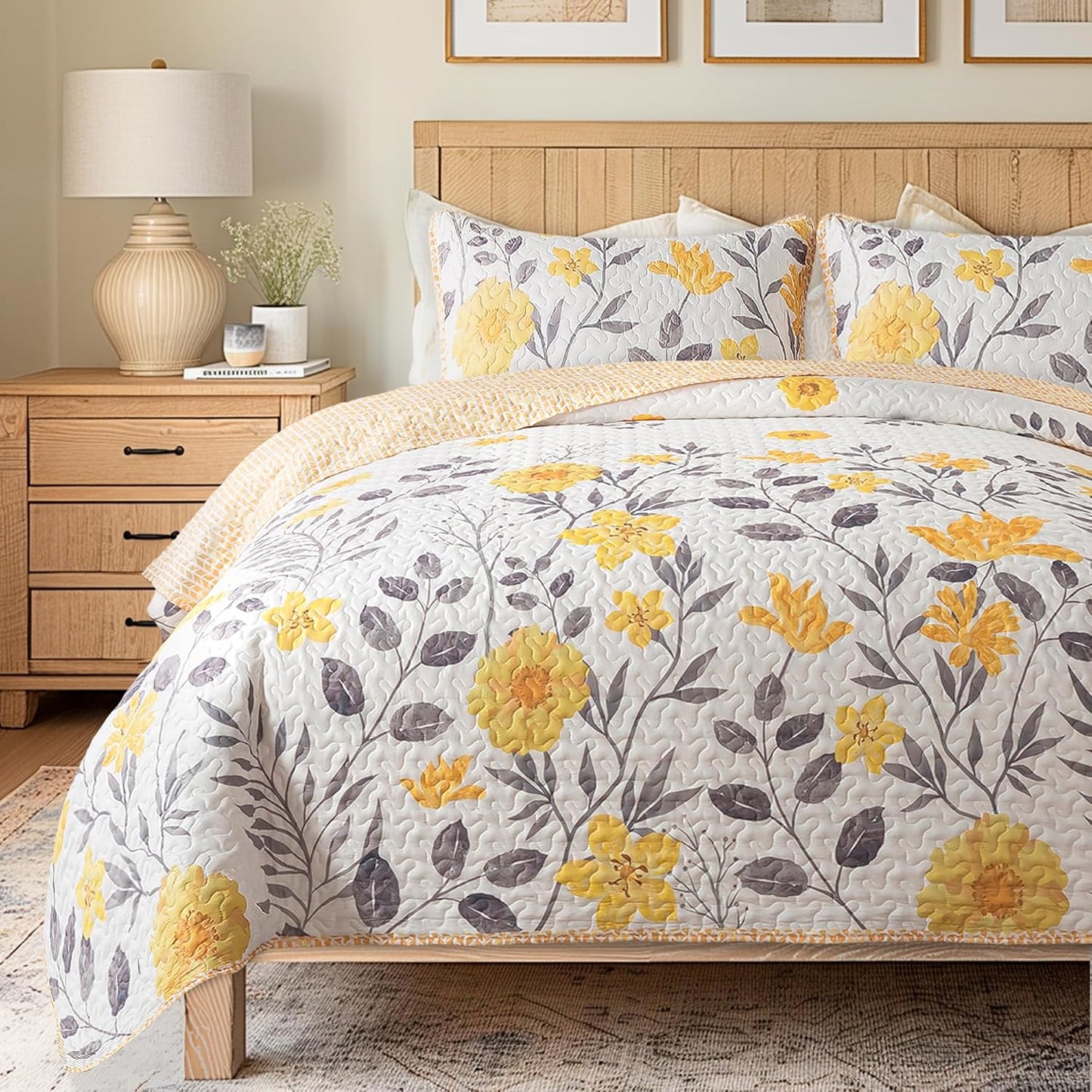 Gray and Yellow Floral Quilt Set, King with 2 Shams | May Flowers Quilted Bedspread, Summer Lightweight Comforter Set, Grey Botanical Bedding for Adults, Flower Coverlet