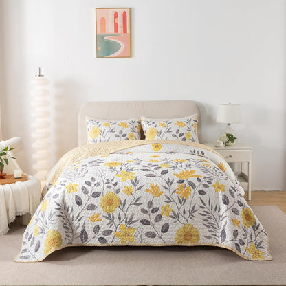 Gray and Yellow Floral Quilt Set, King with 2 Shams | May Flowers Quilted Bedspread, Summer Lightweight Comforter Set, Grey Botanical Bedding for Adults, Flower Coverlet