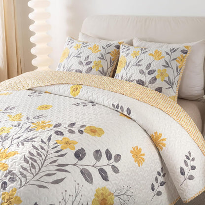 Gray and Yellow Floral Quilt Set, King with 2 Shams | May Flowers Quilted Bedspread, Summer Lightweight Comforter Set, Grey Botanical Bedding for Adults, Flower Coverlet