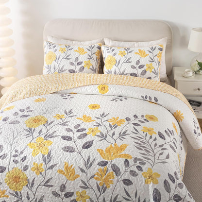 Gray and Yellow Floral Quilt Set, King with 2 Shams | May Flowers Quilted Bedspread, Summer Lightweight Comforter Set, Grey Botanical Bedding for Adults, Flower Coverlet