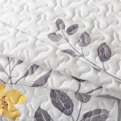 Gray and Yellow Floral Quilt Set, King with 2 Shams | May Flowers Quilted Bedspread, Summer Lightweight Comforter Set, Grey Botanical Bedding for Adults, Flower Coverlet
