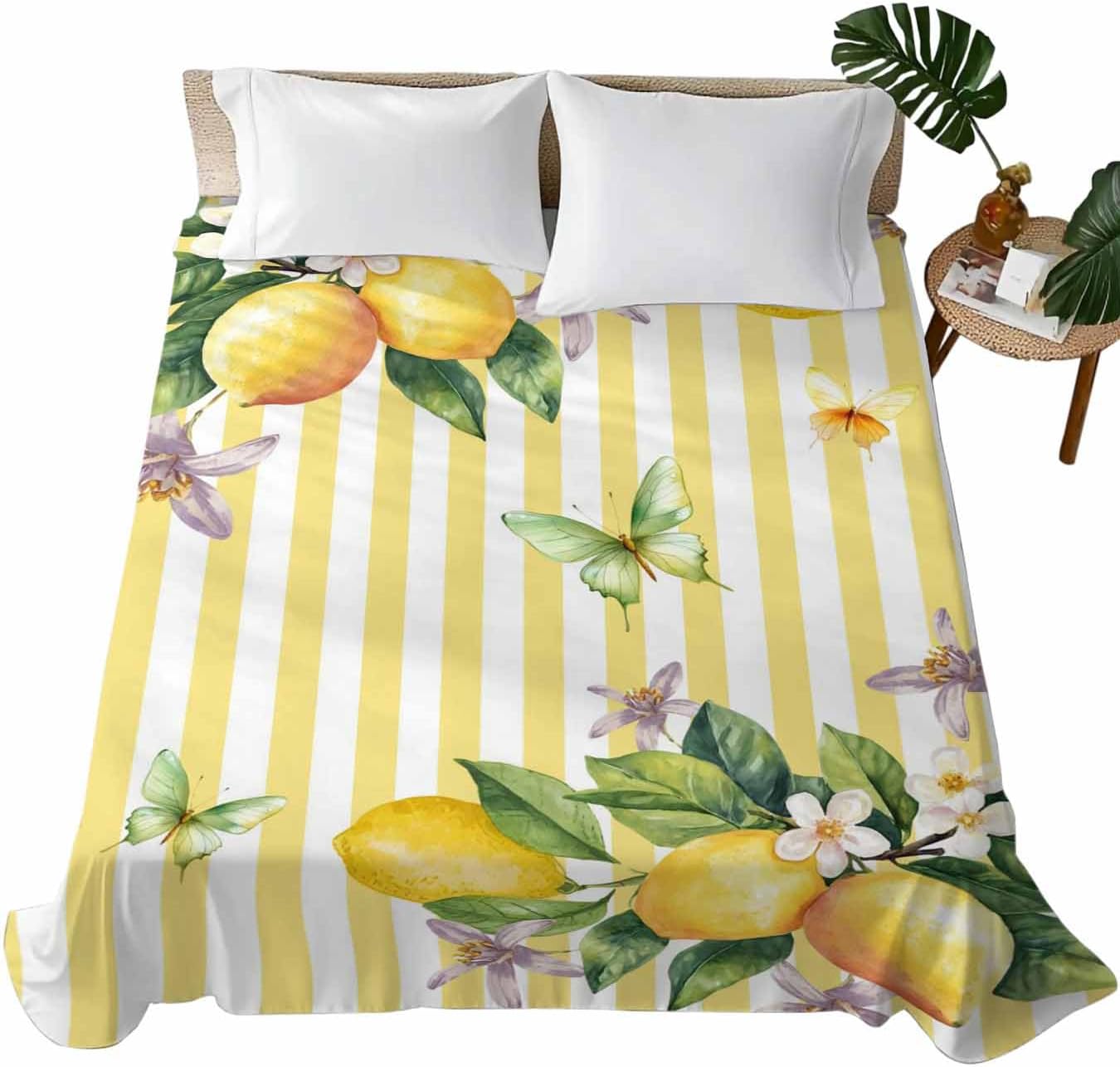 Flat Sheets Queen Size Bedding Sheet,Lemon Fruits Floral Leaves Soft Microfiber Breathable Top Sheets for Bedroom Hotel Luxury-1 Bed Flat Sheet Only,Yellow Stripes
