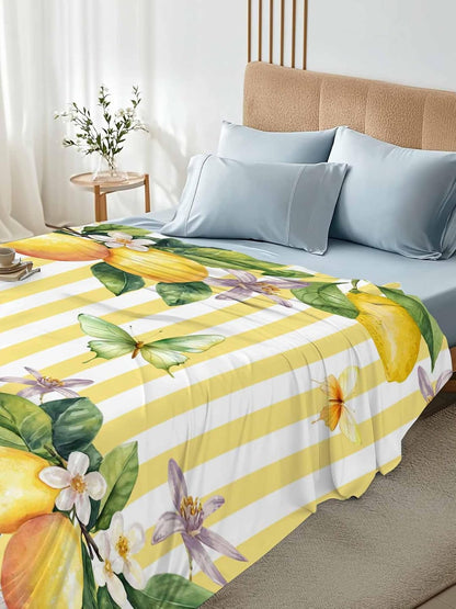 Flat Sheets Queen Size Bedding Sheet,Lemon Fruits Floral Leaves Soft Microfiber Breathable Top Sheets for Bedroom Hotel Luxury-1 Bed Flat Sheet Only,Yellow Stripes