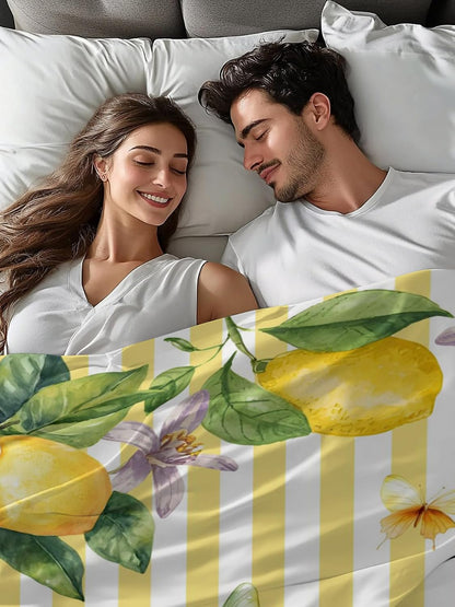 Flat Sheets Queen Size Bedding Sheet,Lemon Fruits Floral Leaves Soft Microfiber Breathable Top Sheets for Bedroom Hotel Luxury-1 Bed Flat Sheet Only,Yellow Stripes