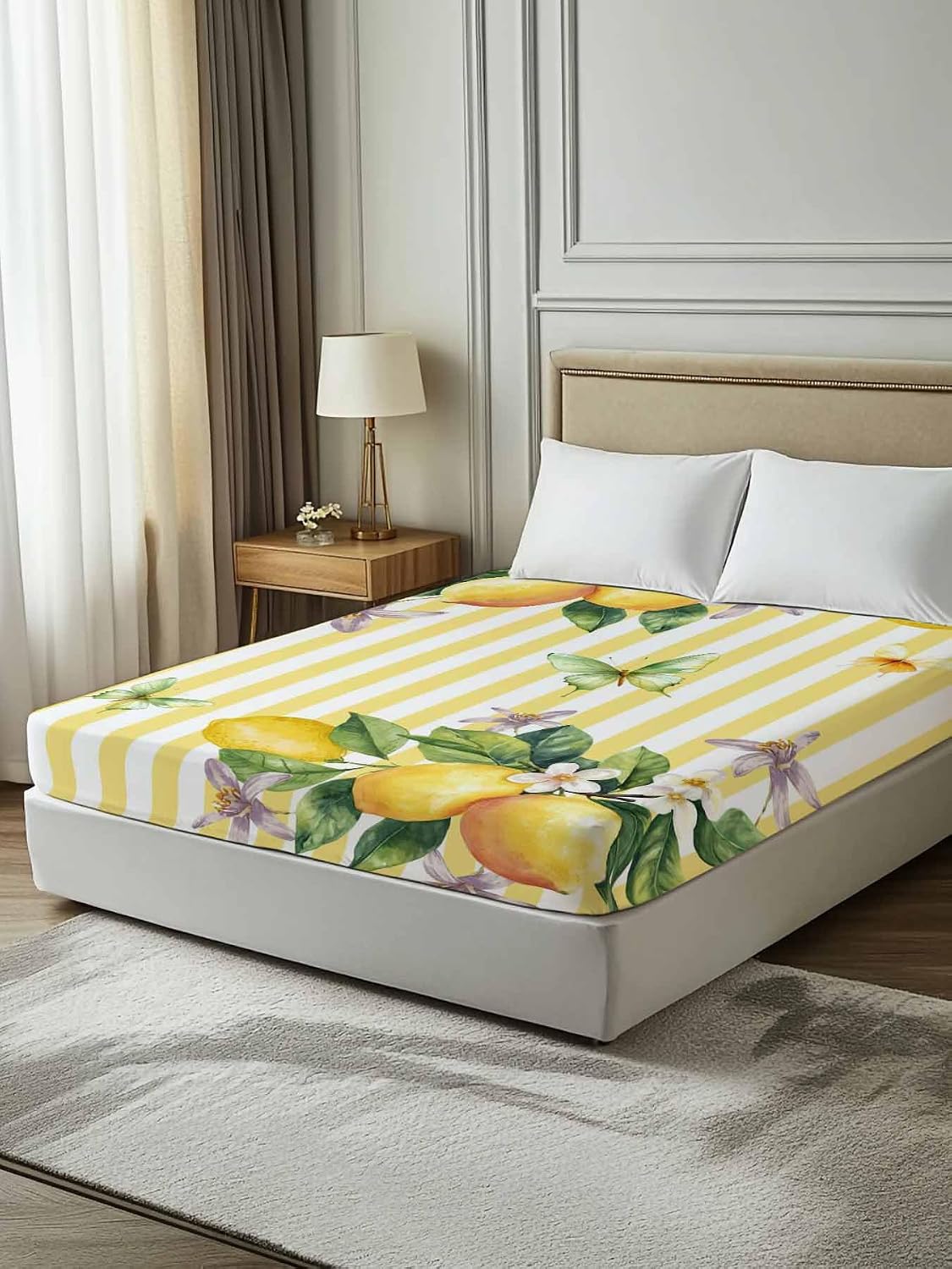 Flat Sheets Queen Size Bedding Sheet,Lemon Fruits Floral Leaves Soft Microfiber Breathable Top Sheets for Bedroom Hotel Luxury-1 Bed Flat Sheet Only,Yellow Stripes
