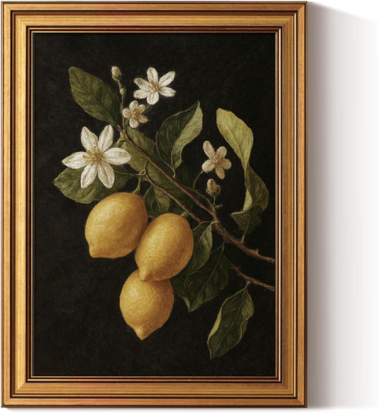 Gold Framed Canvas Art Prints,12x16inch, Lemon Botanical Art Painting, Vintage Still Life Decor for Kitchen Dining Room Bedroom Bathroom Shelf, Rustic Country Cottagecore Pictures