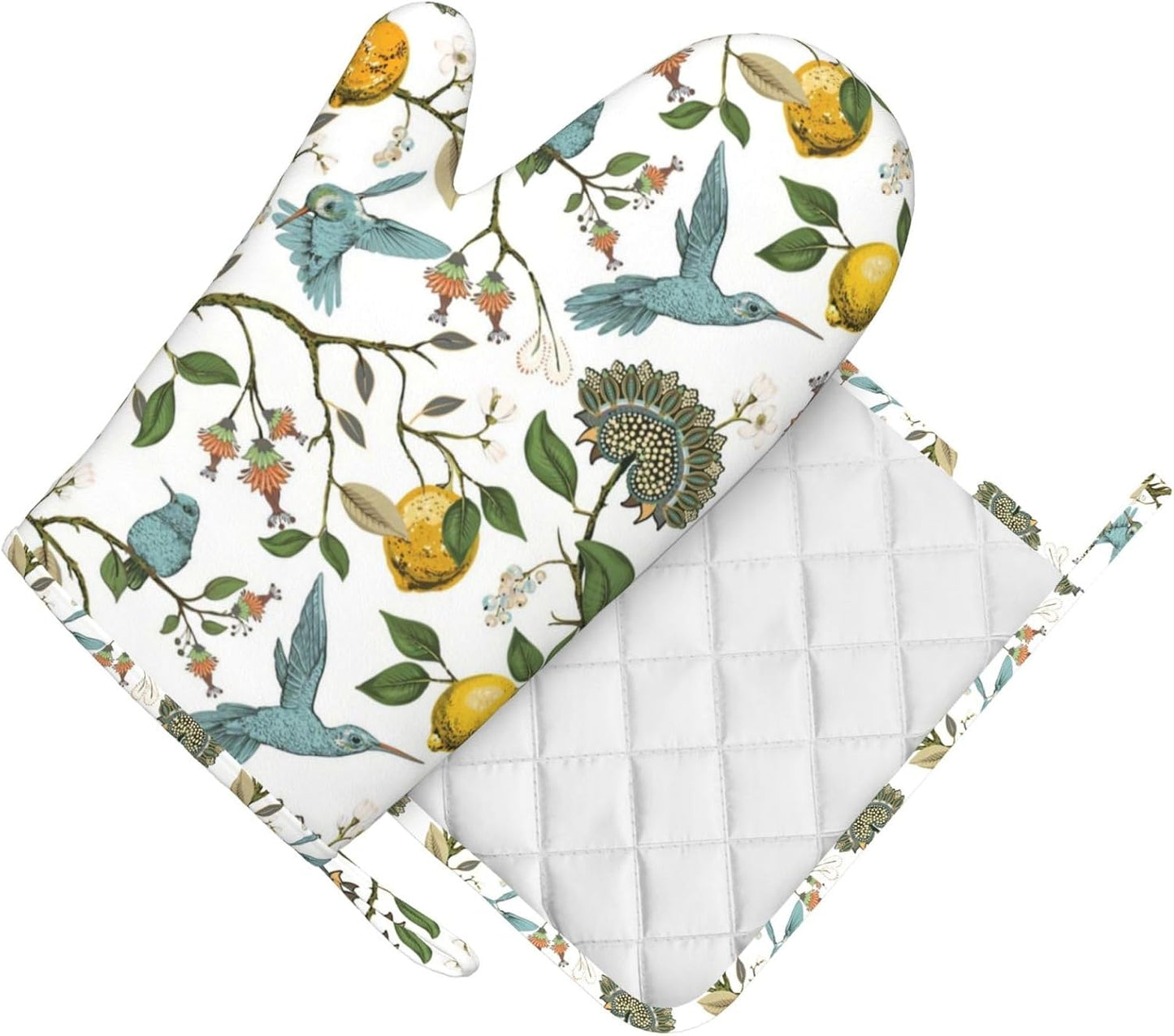 Hummingbird Lemon Flowers Oven Mitts and Pot Holders Sets, Home Silicone Heat Resistant BBQ Gloves for Kitchen Baking Cooking Grilling Microwave