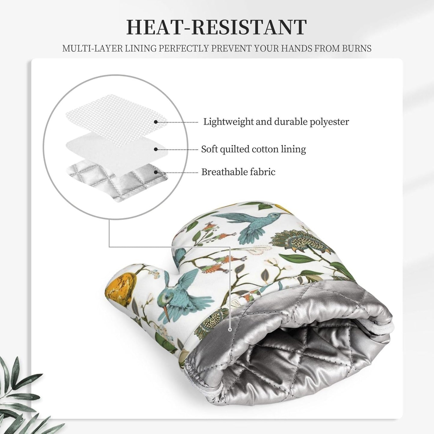 Hummingbird Lemon Flowers Oven Mitts and Pot Holders Sets, Home Silicone Heat Resistant BBQ Gloves for Kitchen Baking Cooking Grilling Microwave