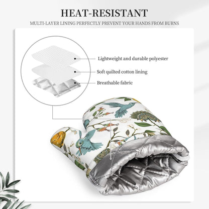 Hummingbird Lemon Flowers Oven Mitts and Pot Holders Sets, Home Silicone Heat Resistant BBQ Gloves for Kitchen Baking Cooking Grilling Microwave