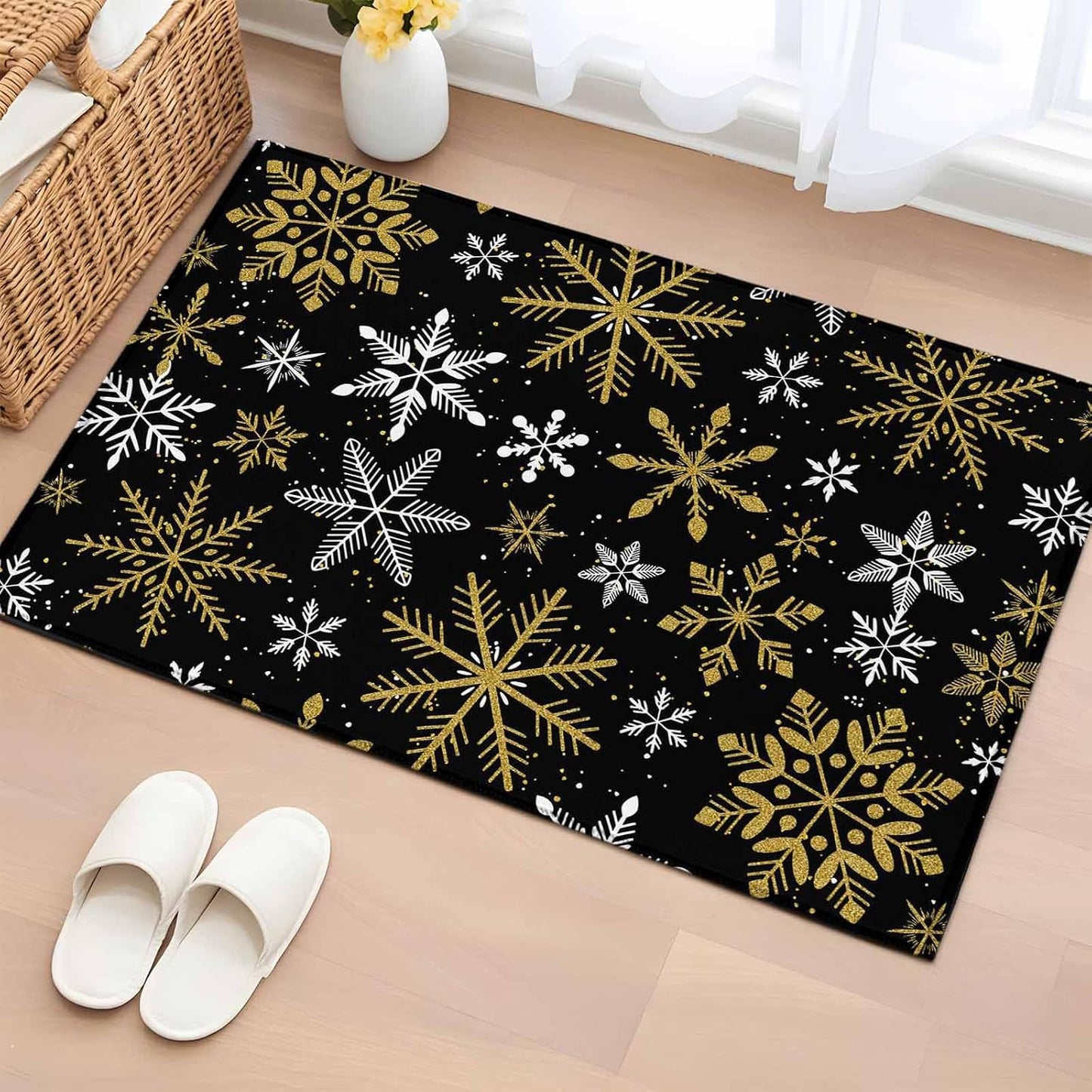 Winter Yellow Snowflake 2x3 Area Rugs for Living Room, Christmas White Snowflake Black Non Slip Floor Mat Washable Low-Profile Indoor Carpet for Bedroom, Dining Room, Bathroom