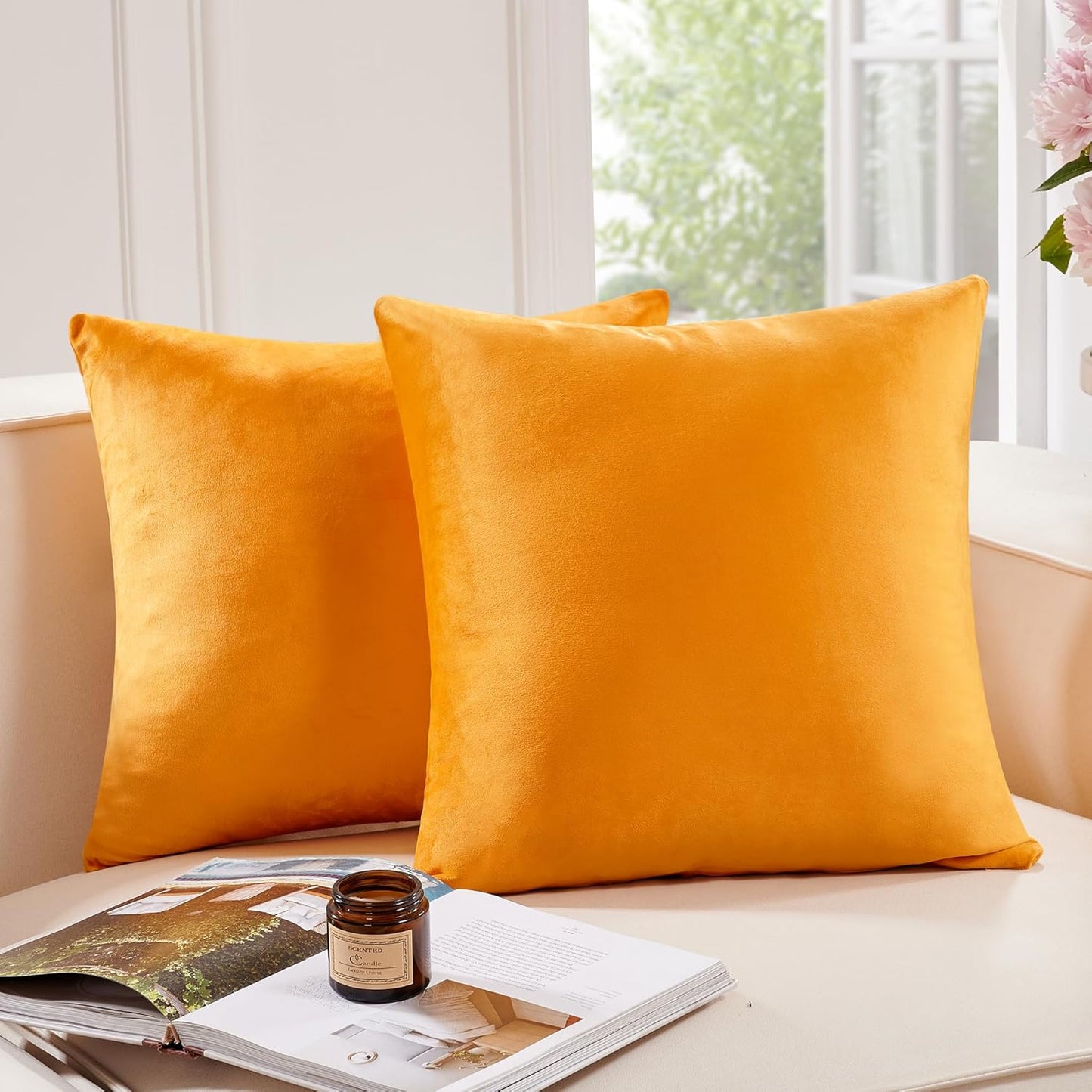 Throw Pillow Covers Set of 2, Soft Velvet Decorative Cushion Covers with Hidden Zipper for Couch Sofa Living Room Bedroom, 26x26 Inch, Gold Yellow