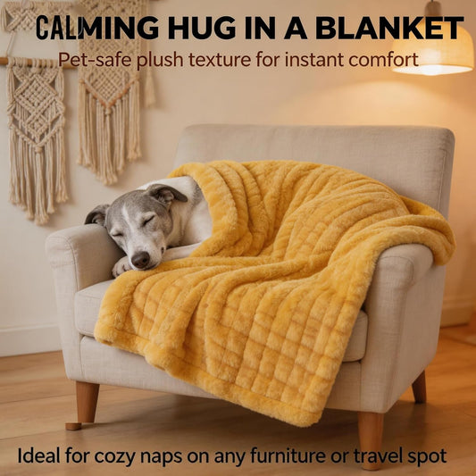Emotional Support Dog Blanket Yellow, Calming Security Pet Blanket for Anxiety Relief, Ultra Soft Faux Rabbit Fur Plush Throw, Warm Washable Comfort Blanket for Sofa, Crate, Kennel Use (28 * 39 in)