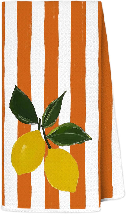 Lemon Kitchen Towels, Orange and White Striped Citrus Decorative Hand Towels for Bathroom, Summer Coastal Fruit Dish Tea Towel Drying Cloth, 16x24 Inch