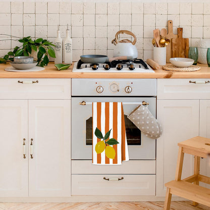 Lemon Kitchen Towels, Orange and White Striped Citrus Decorative Hand Towels for Bathroom, Summer Coastal Fruit Dish Tea Towel Drying Cloth, 16x24 Inch