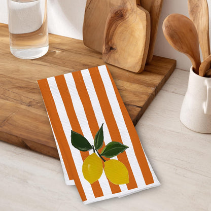 Lemon Kitchen Towels, Orange and White Striped Citrus Decorative Hand Towels for Bathroom, Summer Coastal Fruit Dish Tea Towel Drying Cloth, 16x24 Inch