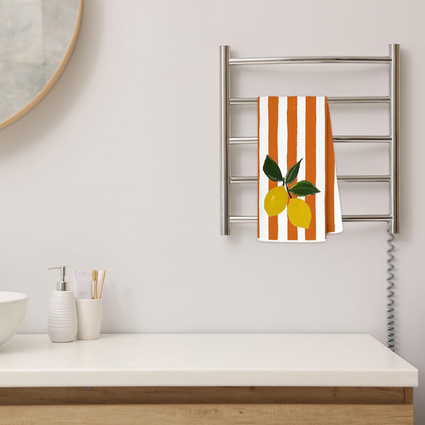 Lemon Kitchen Towels, Orange and White Striped Citrus Decorative Hand Towels for Bathroom, Summer Coastal Fruit Dish Tea Towel Drying Cloth, 16x24 Inch