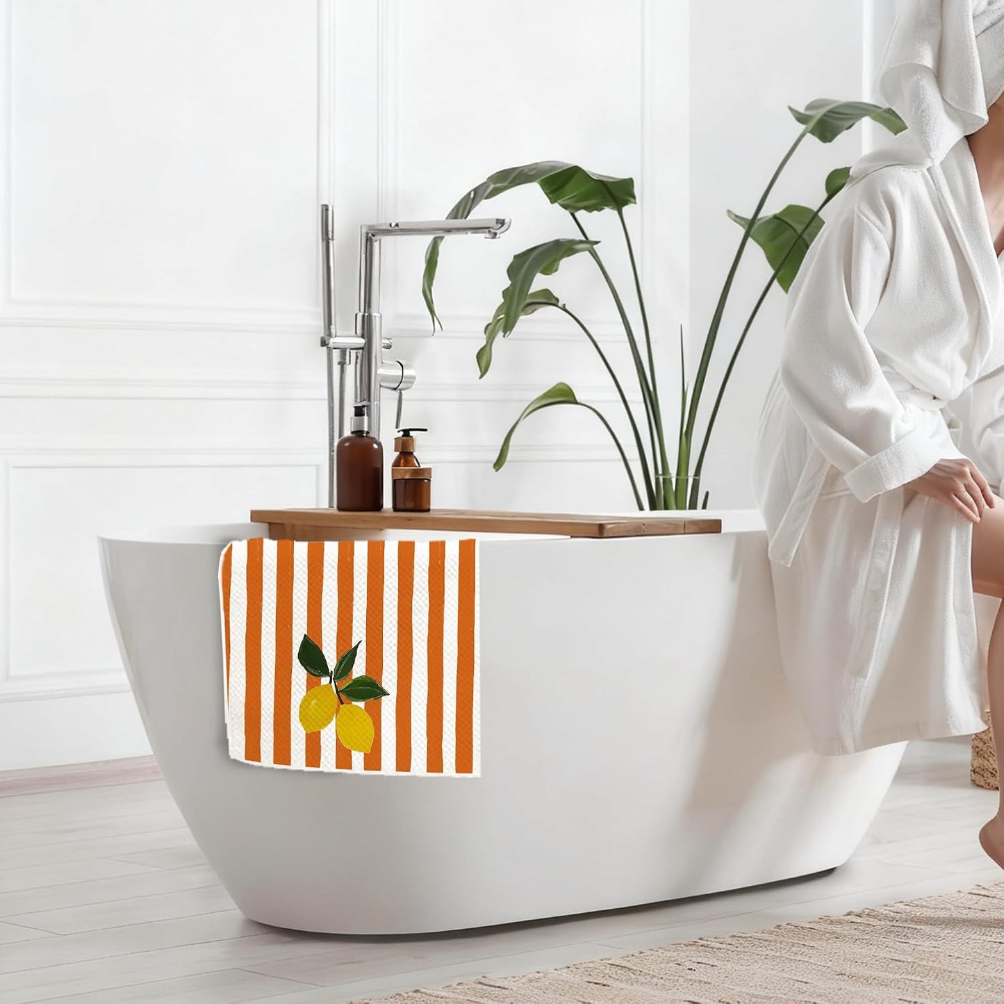 Lemon Kitchen Towels, Orange and White Striped Citrus Decorative Hand Towels for Bathroom, Summer Coastal Fruit Dish Tea Towel Drying Cloth, 16x24 Inch