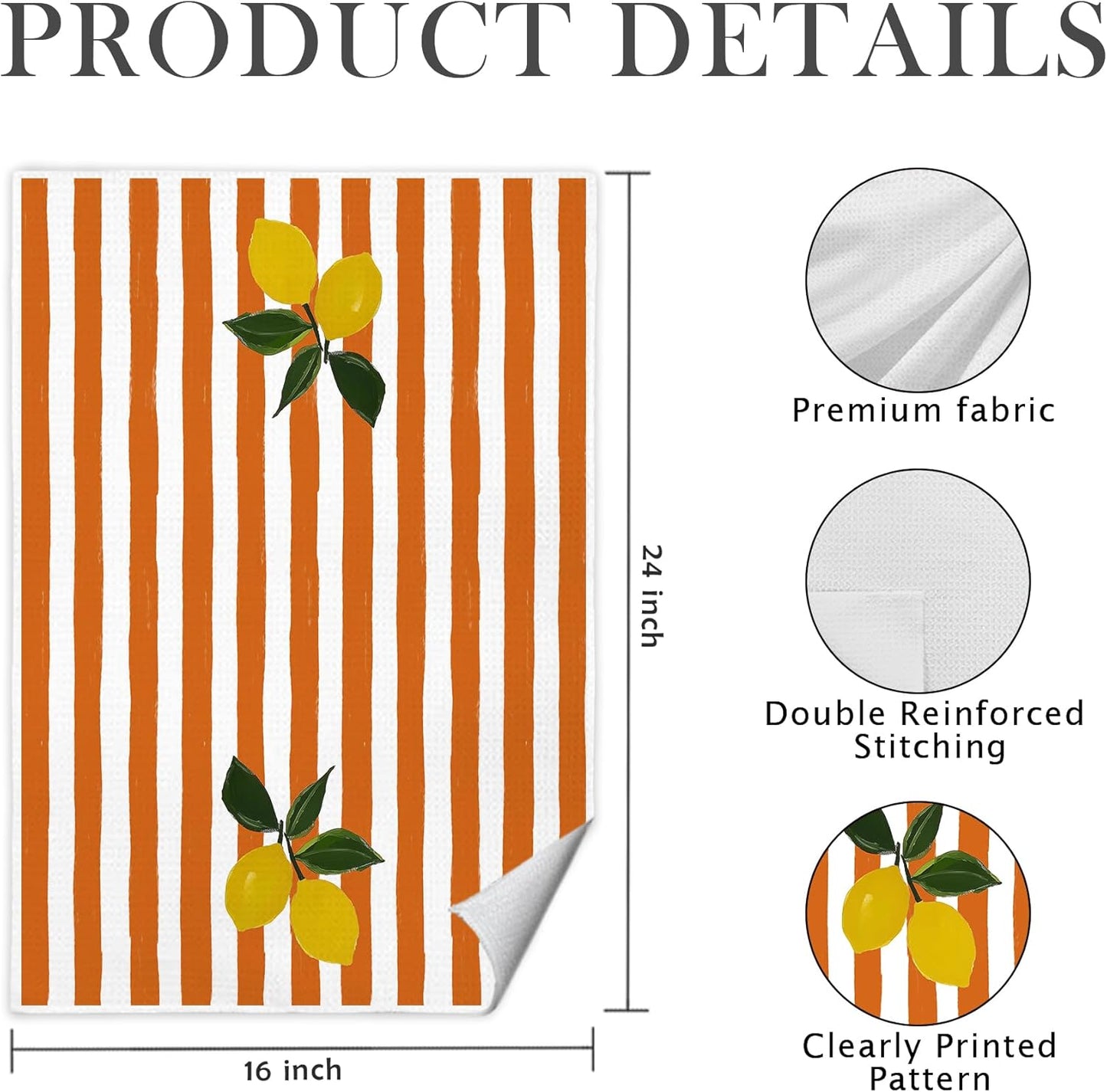 Lemon Kitchen Towels, Orange and White Striped Citrus Decorative Hand Towels for Bathroom, Summer Coastal Fruit Dish Tea Towel Drying Cloth, 16x24 Inch