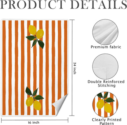 Lemon Kitchen Towels, Orange and White Striped Citrus Decorative Hand Towels for Bathroom, Summer Coastal Fruit Dish Tea Towel Drying Cloth, 16x24 Inch