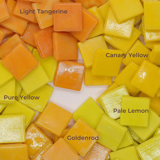 IGNIS 250 Pcs (1.32 lbs) Glass Mosaic Tiles for Crafts, 5-Color 5/8" (15mm) Tuscan Sun Yellow Palette, Pure Glossy Finish Square Beveled Art Glass Pieces for DIY Vases & Pro-Grade Crafting