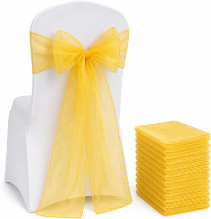 Organza Chair Bow Sash Décor Bows Sashes for Wedding Reception Events Banquets Decoration - (Pack of 25, Yellow)