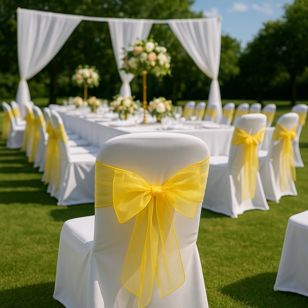Organza Chair Bow Sash Décor Bows Sashes for Wedding Reception Events Banquets Decoration - (Pack of 25, Yellow)