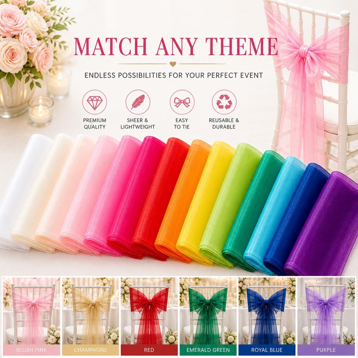 Organza Chair Bow Sash Décor Bows Sashes for Wedding Reception Events Banquets Decoration - (Pack of 25, Yellow)