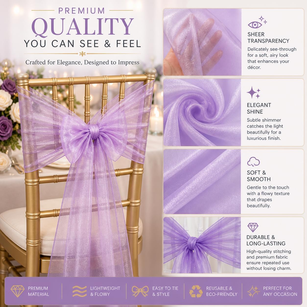 Organza Chair Bow Sash Décor Bows Sashes for Wedding Reception Events Banquets Decoration - (Pack of 25, Yellow)