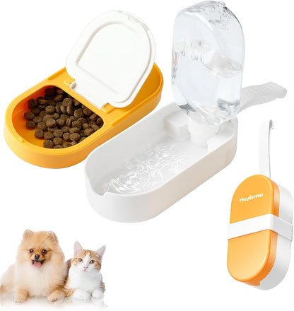 2-in-1 Dog Bowl & Water Bottle, Large Food Container for Dog Treats, Steak, Sticks, Bars - Portable Pet Dispenser for Hiking, Travel (Yellow)